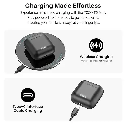 TOZO T6 (Классическое издание) Беспроводные наушники Bluetooth 5.3 с сенсорным управлением и чехлом для беспроводной зарядки IPX8 Водонепроницаемые стереонаушники Встроенный микрофон Наушники Премиум глубокие басы Черный - 4