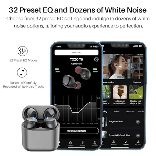 TOZO T6 (Klassik nashr) Haqiqi Simsiz Quloqchinlar Bluetooth 5.3 Quloqchinlar Simsiz Zaryadlash Qutisi bilan Teginish Boshqaruv IPX8 Suv o'tkazmaydigan Stereo Quloqchinlar Quloq ichidagi O'rnatilgan Mikrofon Quloqchin Premium chuqur bas Qora - 3