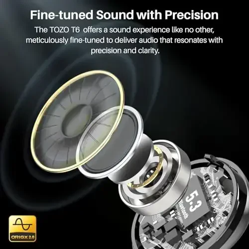 TOZO T6 (Klassik nashr) Haqiqi Simsiz Quloqchinlar Bluetooth 5.3 Quloqchinlar Simsiz Zaryadlash Qutisi bilan Teginish Boshqaruv IPX8 Suv o'tkazmaydigan Stereo Quloqchinlar Quloq ichidagi O'rnatilgan Mikrofon Quloqchin Premium chuqur bas Qora - 2