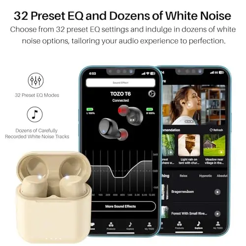 TOZO T6 Simsiz Quloqchinlar, Bluetooth 5.3 Quloqchinlar, Stereo Ovozli Quloq Ichidagi Eshitish Vositalari, 50 Soat O'yin Vaqti, Simsiz Zaryadlash Qutisi, APP Sozlanishi EQlar, IPX8 Suvga Chidamli Eshitish Vositalari - 3