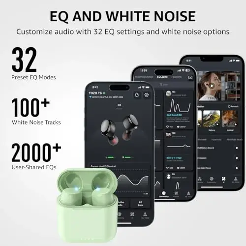 TOZO T6 Simsiz Quloqchinlar, Bluetooth 5.3 Quloqchinlar, Stereo Ovozli Quloq Ichidagi Eshitish Vositalari, 50 Soatlik O'yin Vaqti, Simsiz Zaryadlash Qutisi, APP Sozlanishi EQlar, IPX8 Suvga Chidamli Eshitish Vositalari - 3