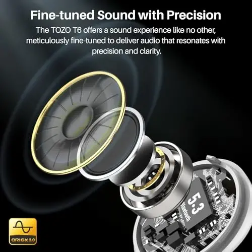 TOZO T6 Simsiz Quloqchinlar, IPX8 Suvga chidamli Quloqchinlar, Stereo Bass Ovoz Bluetooth 5.3 Quloqchinlar, Quloqda 50 soat O'yin Quloqchinlari, Simsiz Zaryadlash Qutisi, APP orqali 32 EQ sozlash - TOZO (1)