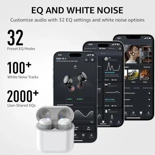 TOZO T6 Simsiz Quloqchinlar, IPX8 Suvga chidamli Quloqchinlar, Stereo Bass Ovoz Bluetooth 5.3 Quloqchinlar, Quloqda 50 soat O'yin Quloqchinlari, Simsiz Zaryadlash Qutisi, APP orqali 32 EQ sozlash - 3
