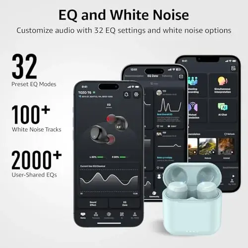 TOZO T6 Wireless Earbuds Bluetooth 5.3 Stereo Sound in Ear Headphones | OrigX Stereo Deep Bass, 40H Playtime, Lighter Ear buds, IPX8 Waterproof, wireless Charging Case, 32 EQs via APP Blue - 6
