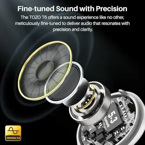 TOZO T6 Wireless Earbuds, IPX8 Waterproof Ear Buds, Stereo Bass Sound Bluetooth 5.3 Headphones in Ear, 50 Hours Playtime Earphones, Wireless Charging Case, Custom 32 EQ via APP - TOZO (1)