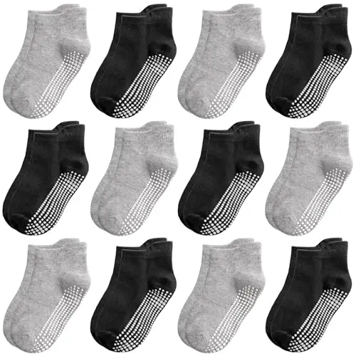 Tphon Non Slip Toddler Socks 12 Pairs Kids Grip Sock for Boys Girls Baby Ankle Socks with Gripper for 0-7 Year Children 