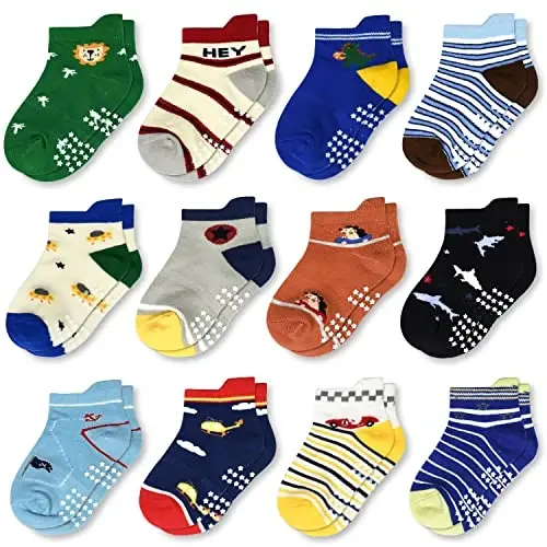 Tphon Non Slip Kids Toddler Socks with Grippers Baby 12 Pairs Anti Skid Socks for Boys Girls 0-7 Year Children - TPHON