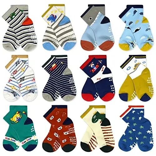 Tphon Non Slip Kids Toddler Socks with Grippers Baby 12 Pairs Anti Skid Socks for Boys Girls 0-7 Year Children - 1