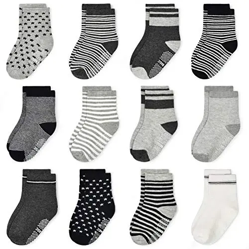 Tphon Non Slip Kids Toddler Socks with Grippers Baby 12 Pairs Anti Skid Socks for Boys Girls 0-7 Year Children 