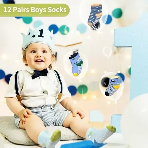 Tphon Non Slip Kids Toddler Socks with Grippers Baby 12 Pairs Anti Skid Socks for Boys Girls 0-7 Year Children - 6