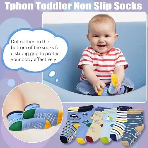 Tphon Non Slip Kids Toddler Socks with Grippers Baby 12 Pairs Anti Skid Socks for Boys Girls 0-7 Year Children - 5