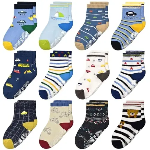 Tphon Non Slip Kids Toddler Socks with Grippers Baby 12 Pairs Anti Skid Socks for Boys Girls 0-7 Year Children 