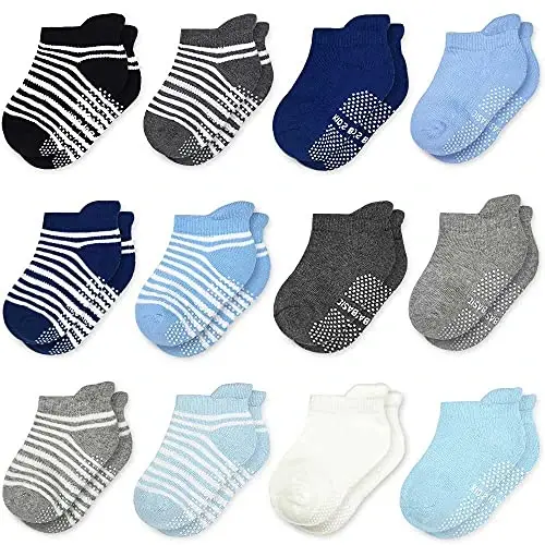 Tphon Non Slip Kids Toddler Socks with Grippers Baby 12 Pairs Anti Skid Socks for Boys Girls 0-7 Year Children - 1