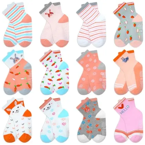 Tphon Non Slip Kids Toddler Socks with Grippers Baby 12 Pairs Anti Skid Socks for Boys Girls 0-7 Year Children - 1