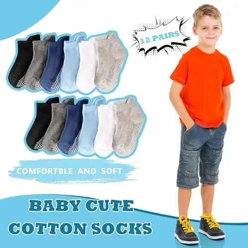 Tphon Non Slip Toddler Socks 12 Pairs Infant Baby Kids Grip Socks for Boy Girls Anti Skid Ankle Socks for 0-7 Year Children - MODAZONE (1)