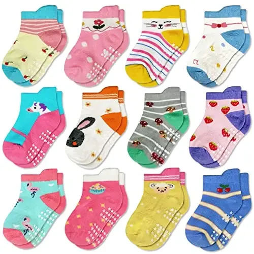 Tphon Non Slip Kids Toddler Socks with Grippers Baby 12 Pairs Anti Skid Socks for Boys Girls 0-7 Year Children 