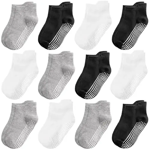 Tphon Non Slip Toddler Socks 12 Pairs Kids Grip Sock for Boys Girls Baby Ankle Socks with Gripper for 0-7 Year Children 