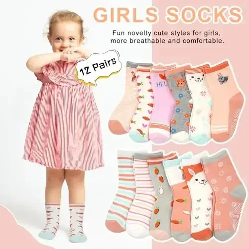 Tphon Non Slip Kids Toddler Paypoqli paypoqlar Grippers Baby bilan 12 juft Skidga qarshi paypoqlar O'g'il bolalar uchun qizlar 0-7 yoshdagi bolalar - 4