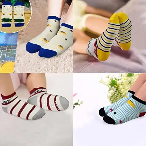 Tphon Non Slip Kids Toddler Socks with Grippers Baby 12 Pairs Anti Skid Socks for Boys Girls 0-7 Year Children - 4