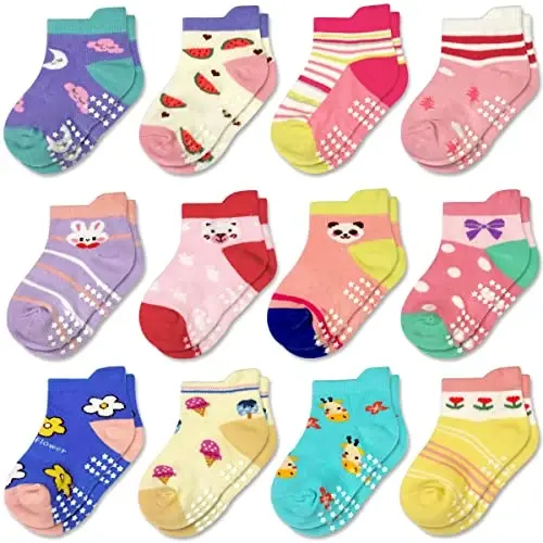 Tphon Non Slip Kids Toddler Socks with Grippers Baby 12 Pairs Anti Skid Socks for Boys Girls 0-7 Year Children - MODAZONE