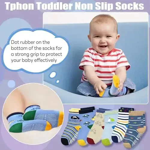 Tphon Non Slip Kids Toddler Socks with Grippers Baby 12 Pairs Anti Skid Socks for Boys Girls 0-7 Year Children - 5