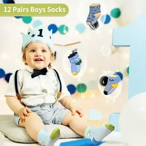 Tphon Non Slip Kids Toddler Socks with Grippers Baby 12 Pairs Anti Skid Socks for Boys Girls 0-7 Year Children - 6