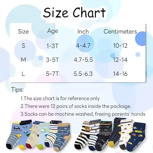 Tphon Non Slip Kids Toddler Socks with Grippers Baby 12 Pairs Anti Skid Socks for Boys Girls 0-7 Year Children - 7