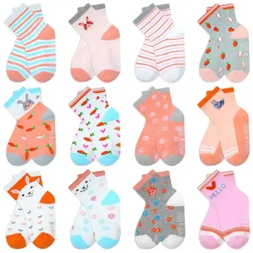 Tphon Non Slip Kids Toddler Socks with Grippers Baby 12 Pairs Anti Skid Socks for Boys Girls 0-7 Year Children - MODAZONE