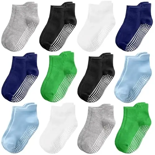 Tphon Non Slip Toddler Socks 12 Pairs Kids Grip Sock for Boys Girls Baby Ankle Socks with Gripper for 0-7 Year Children 