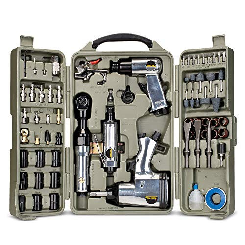 Tradespro Air Tool and Accessories Kit, 71 Piece, Impact Wrench, Air Ratchet, Die Grinder, Aire Hammer, Hose Fittings, Storage Case - 836668 - 1