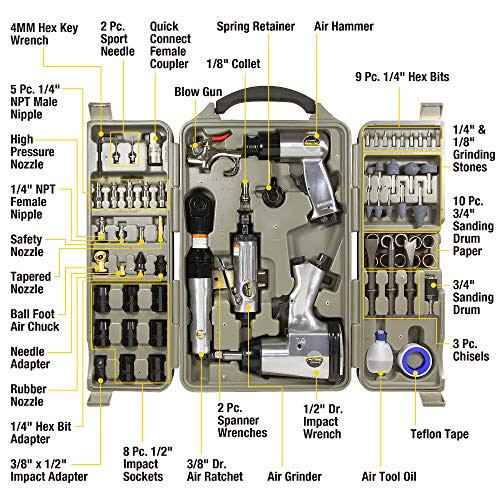 Tradespro Air Tool and Accessories Kit, 71 Piece, Impact Wrench, Air Ratchet, Die Grinder, Aire Hammer, Hose Fittings, Storage Case - 836668 - 2