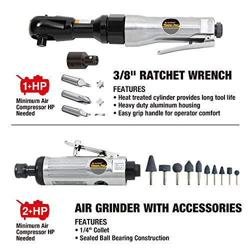 Tradespro Air Tool and Accessories Kit, 71 Piece, Impact Wrench, Air Ratchet, Die Grinder, Aire Hammer, Hose Fittings, Storage Case - 836668 - 4