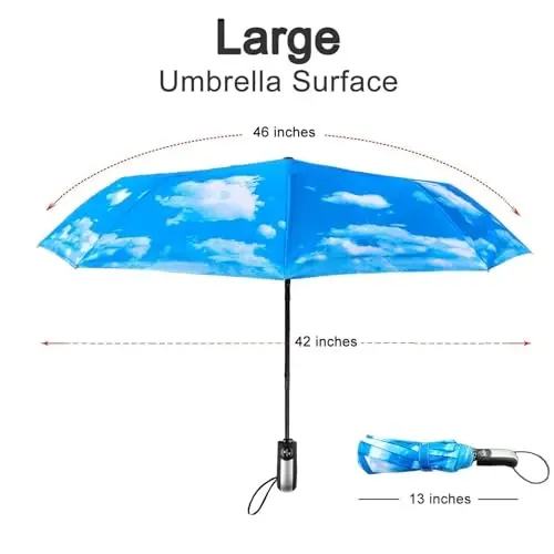 TradMall Travel Umbrella Windproof 46 Inches Canopy, Sky Clouds | 10 Reinforced Fiberglass Ribs Ergonomic Handle Auto Open & Close - 2