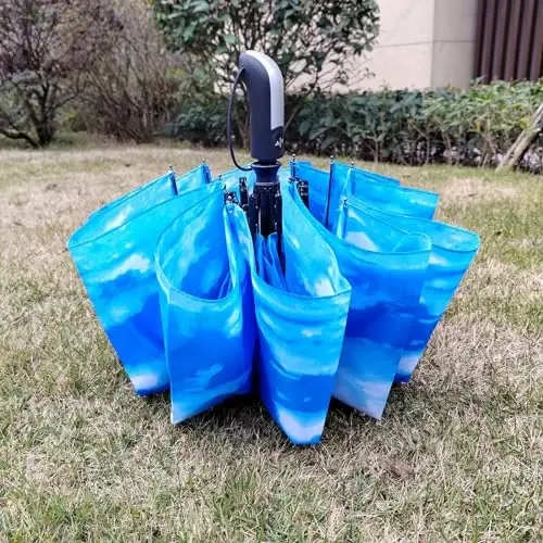TradMall Travel Umbrella Windproof 46 Inches Canopy, Sky Clouds | 10 Reinforced Fiberglass Ribs Ergonomic Handle Auto Open & Close - 4