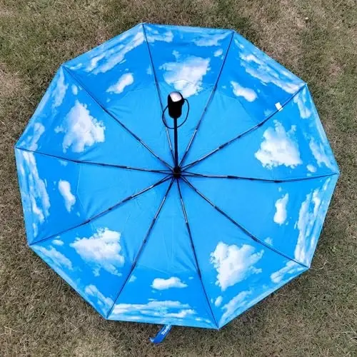 TradMall Travel Umbrella Windproof 46 Inches Canopy, Sky Clouds | 10 Reinforced Fiberglass Ribs Ergonomic Handle Auto Open & Close - 5