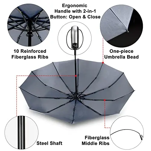 TradMall Travel Umbrella Windproof 46 Inches Canopy, Gray | 10 Reinforced Fiberglass Ribs Ergonomic Handle Auto Open & Close - 4