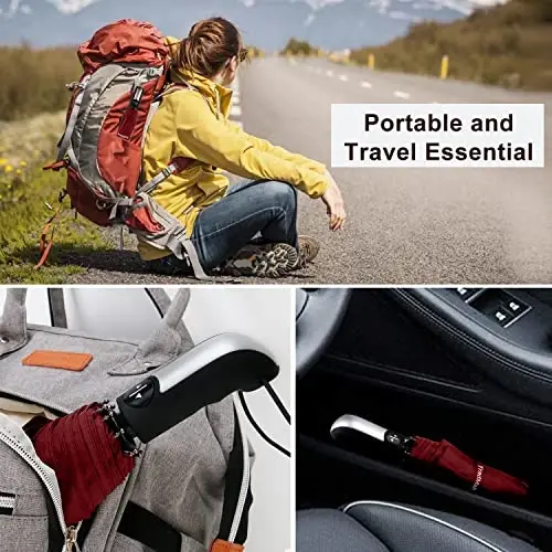 TradMall Travel Umbrella Windproof 46 Inches Canopy, Red | 10 Reinforced Fiberglass Ribs Ergonomic Handle Auto Open & Close - 6