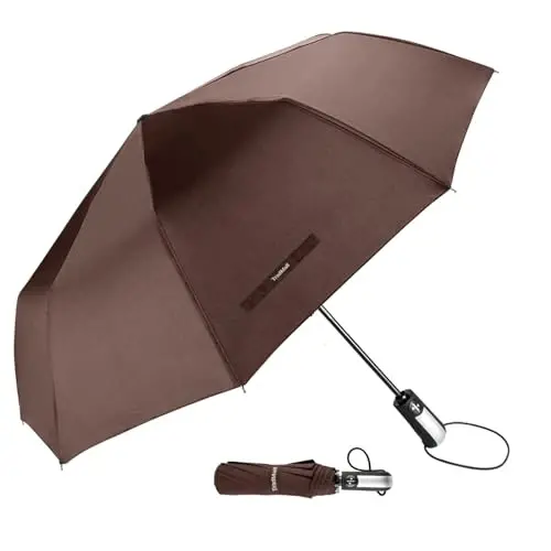 TradMall Travel Umbrella Windproof 46 Inches Canopy, Brown | 10 Reinforced Fiberglass Ribs Ergonomic Handle Auto Open & Close 