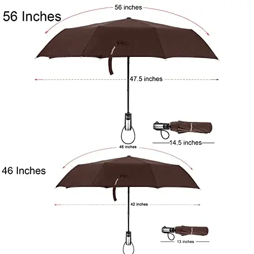TradMall Travel Umbrella Windproof 46 Inches Canopy, Brown | 10 Reinforced Fiberglass Ribs Ergonomic Handle Auto Open & Close - 2