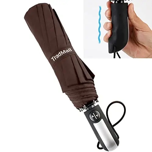 TradMall Travel Umbrella Windproof 46 Inches Canopy, Brown | 10 Reinforced Fiberglass Ribs Ergonomic Handle Auto Open & Close - 3