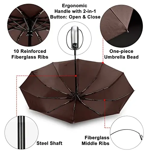 TradMall Travel Umbrella Windproof 46 Inches Canopy, Brown | 10 Reinforced Fiberglass Ribs Ergonomic Handle Auto Open & Close - 4