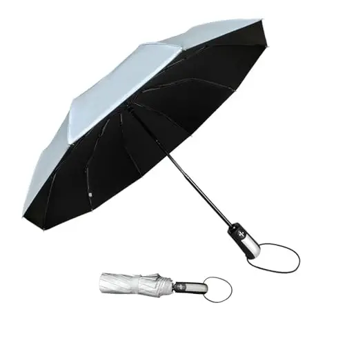 TradMall Travel Umbrella Windproof 46 Inches Canopy, Silver/Black | 10 Reinforced Fiberglass Ribs Ergonomic Handle Auto Open & Close 