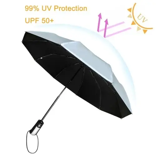 TradMall Travel Umbrella Windproof 46 Inches Canopy, Silver/Black | 10 Reinforced Fiberglass Ribs Ergonomic Handle Auto Open & Close - 3