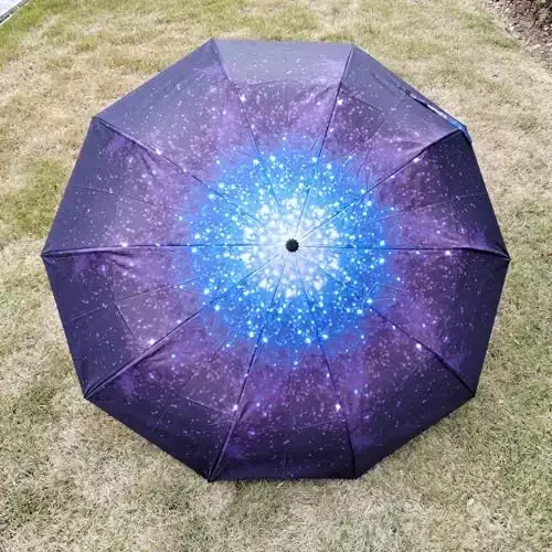 TradMall Travel Umbrella Windproof with 46 Inches Large Canopy 10 Reinforced Fiberglass Ribs Ergonomic Handle Auto Open & Close, Starry Sky - 5