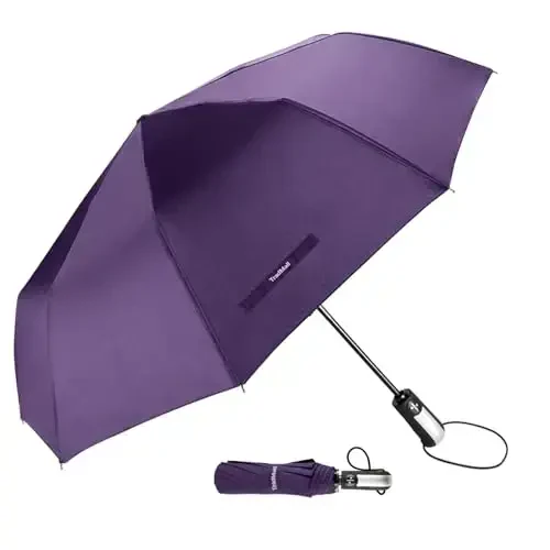 TradMall Travel Umbrella Windproof with 46 Inches Large Canopy 10 Reinforced Fiberglass Ribs Ergonomic Handle Auto Open & Close, Purple - MODAZONE