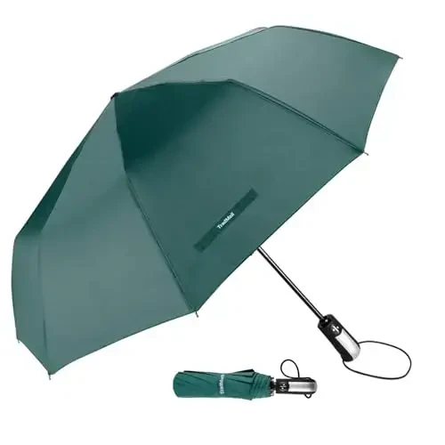 TradMall Travel Umbrella Windproof with 56 Inches Large Canopy 10 Reinforced Fiberglass Ribs Ergonomic Handle Auto Open & Close, Dark Green 