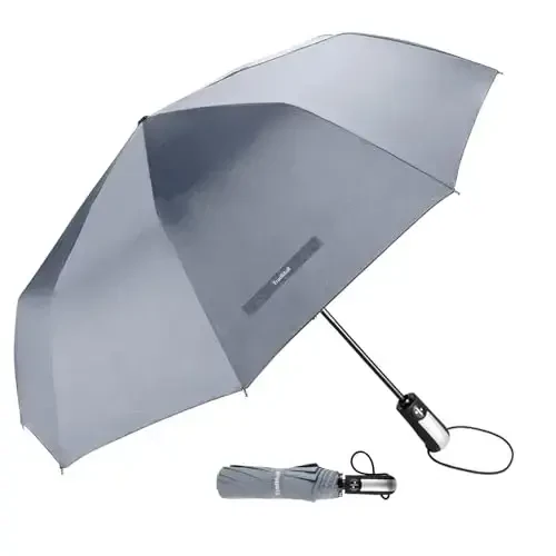 TradMall Travel Umbrella Windproof with 56 Inches Large Canopy 10 Reinforced Fiberglass Ribs Ergonomic Handle Auto Open & Close, Gray - TradMall