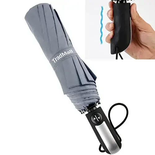 TradMall Travel Umbrella Windproof with 56 Inches Large Canopy 10 Reinforced Fiberglass Ribs Ergonomic Handle Auto Open & Close, Gray - 3