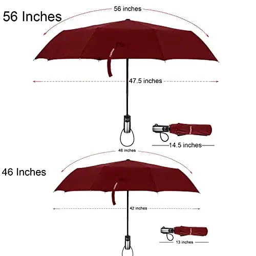 TradMall Travel Umbrella Windproof 56 Inches Canopy, Red | 10 Reinforced Fiberglass Ribs Ergonomic Handle Auto Open & Close - 2