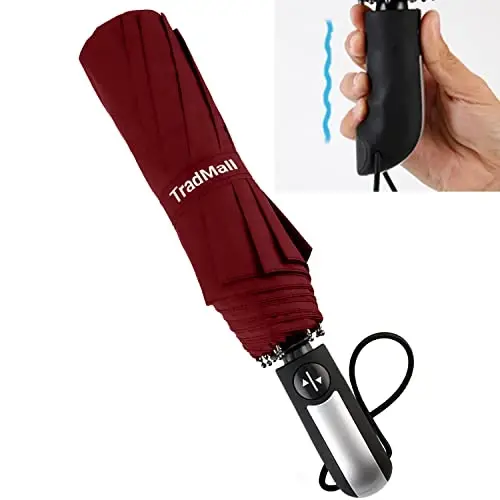TradMall Travel Umbrella Windproof 56 Inches Canopy, Red | 10 Reinforced Fiberglass Ribs Ergonomic Handle Auto Open & Close - 3